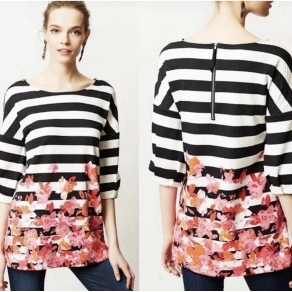 Anthropologie Postmark Linnea Tunic Top Floral Striped Preppy Chic Peasant XS